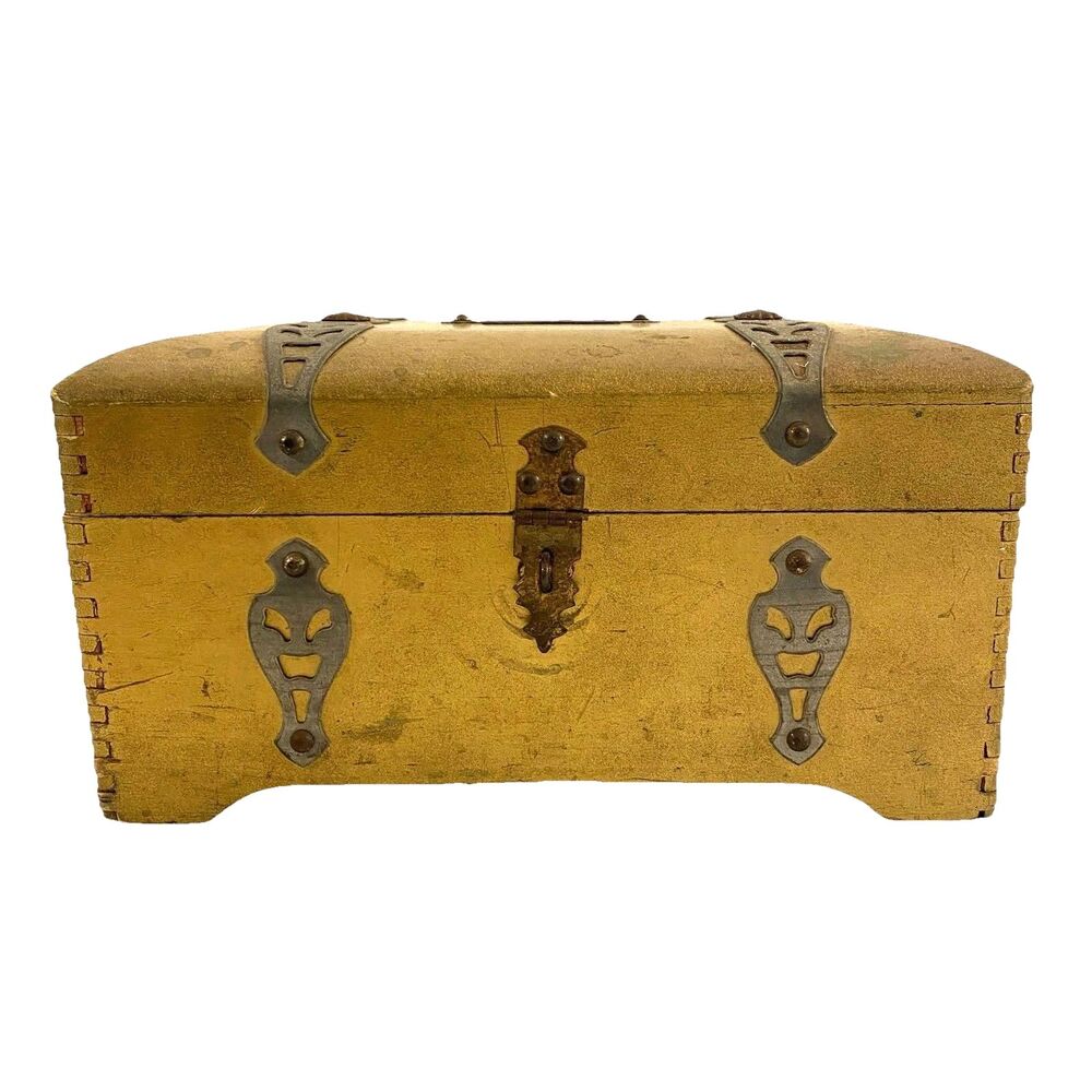 Vintage McGraw Box Co NY Gold Wood Jewelry Box Filigree Blue Velvet Mirror USA